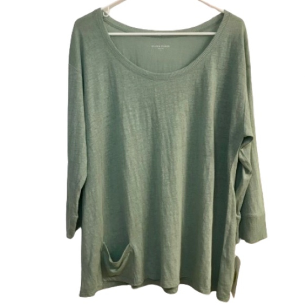 NEW Eileen Fisher 100% Linen Scoop Neck 3/4 Sleeve Top L